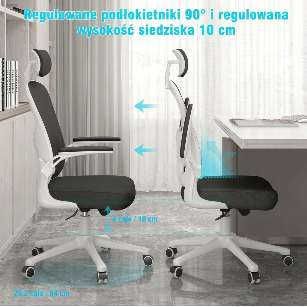 Krzesło biurowe gamingowe, ergonomiczne biurko z zagłówkiem, regulowane z podparciem lędźwiowym, oddychający siatkowy oparcie, składane podłokietniki o kącie 90° oraz obrót o 360 stopni (SF168-002). - Image 5